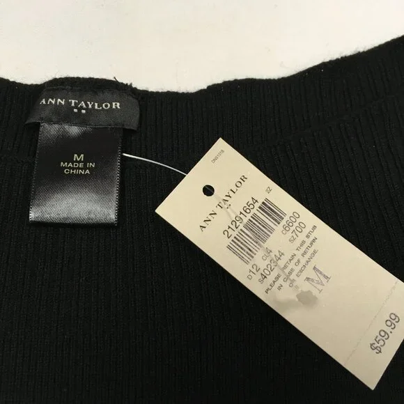 NWT Ann Taylor Black Short Sleeve Sweater w/Ribbed Boat Neck & Waist Detail Sz M - Picture 3 of 9